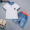 2PCS Baby Set Summer Fashion Full Print Anchor Pattern Standing Neck Short Sleeve Denim Shorts Set