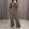 2 Pcs/Set Women Top Pants Suit Round Neck Half Single-breasted Long Sleeves Loose Blouse Wide Leg Pure Color Trousers Casual Pantsuit Sport Clothes