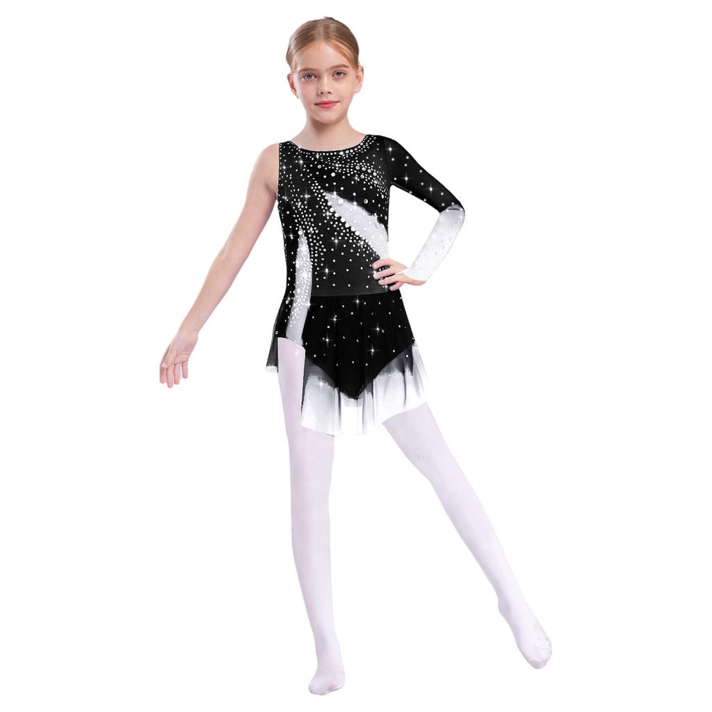 Girls Lyrical Dance Dress Round Neck Asymmetrical Split Shiny Rhinestones Contrast Color Figure Skating Gymnastics Gown