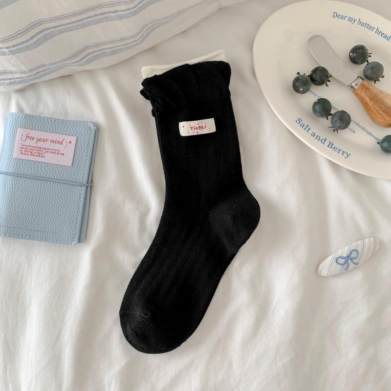 Радужные тканевые этикетки, ракушка, бант, носки в горошек для женщин, серые и синие полосатые, черные носки до середины икры с отделкой ушками