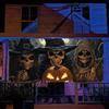 1 piece  Halloween garage banner  three skeleton wizards evil staring at you in the background  party atmosphere background