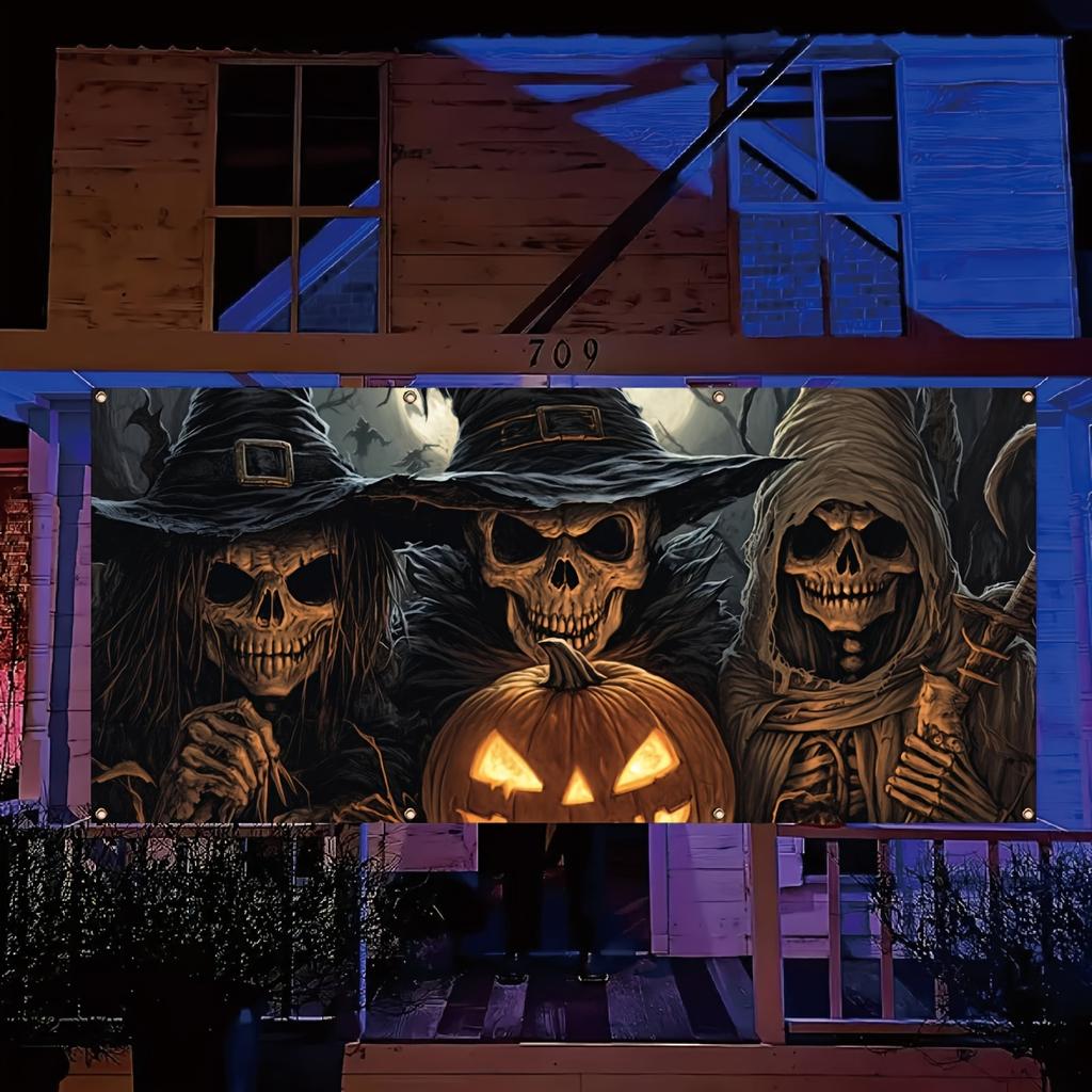 1 piece Halloween garage banner three skeleton wizards evil staring at you in the background party atmosphere background