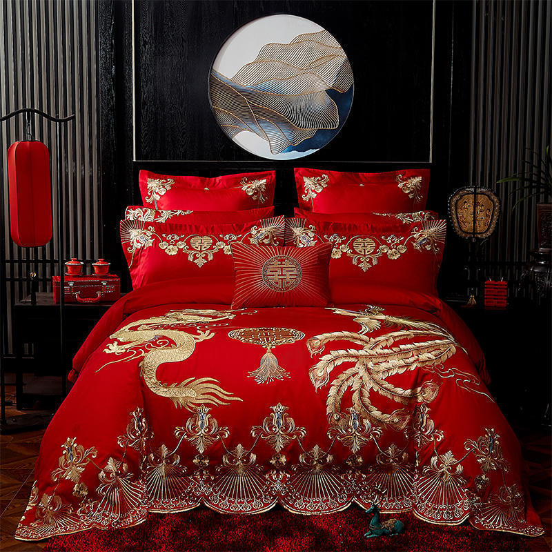 Длинноволокнистый хлопок плотностью 100, свадебная простыня и пододеяльник из четырех предметов, чистый хлопок, лоскутное одеяло с драконом и фениксом, красное стеганое одеяло, комплект из шести и десяти предметов