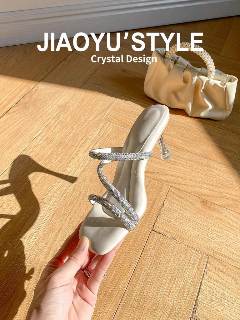 В наличии~ Прозрачные хрустальные тапочки на толстом каблуке для женщин, новые летние квадратные сандалии со стразами 2025