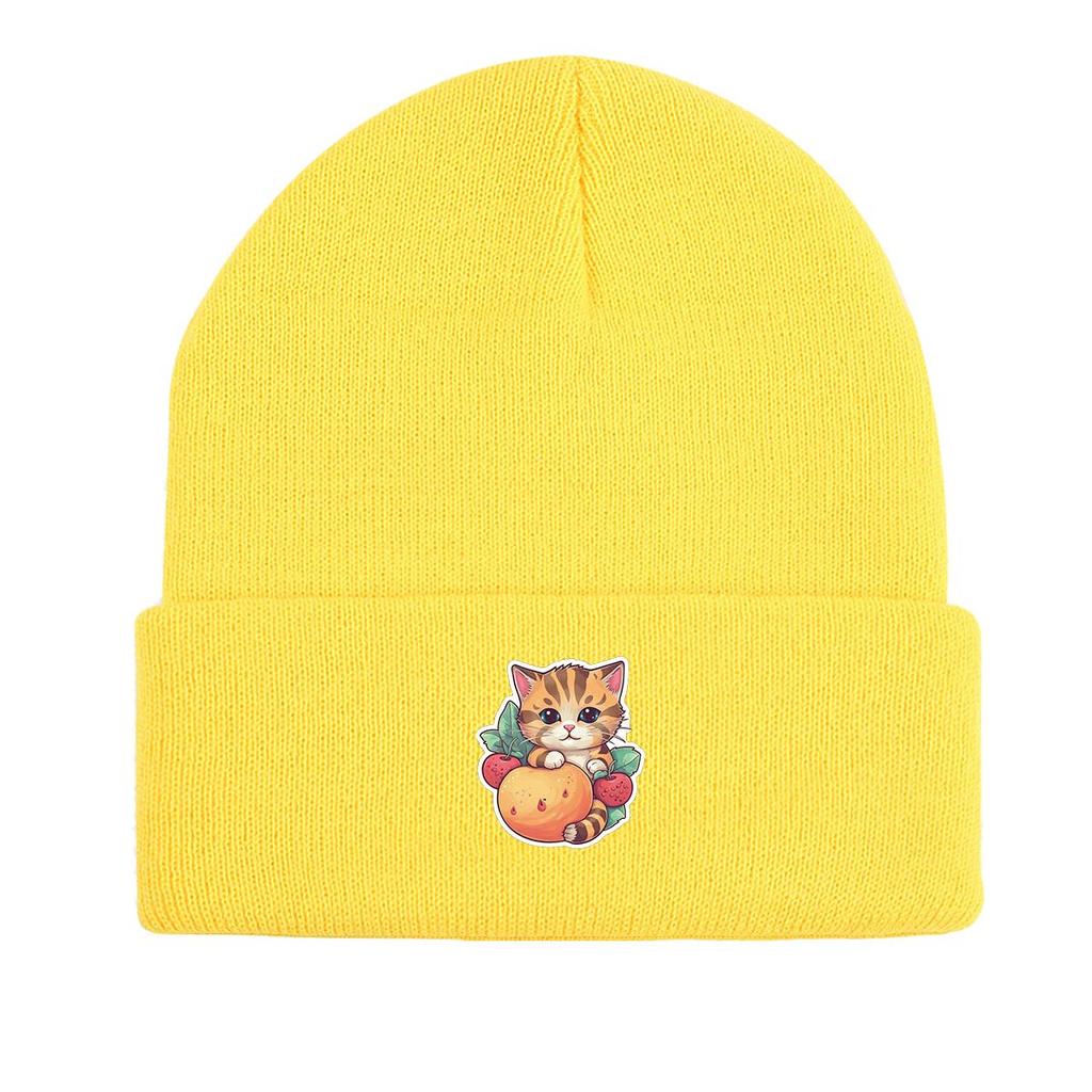 Cat Fruit Print Knitted Cap Beanie, Skull Cap Cancer Chemo Fit Trendy Headwear Knit Hat Beanie