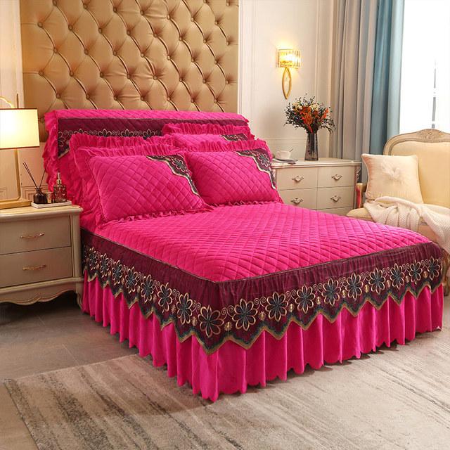 Европейское роскошное кружевное веерное покрывало для кровати, бархатное 200x220, стеганое покрывало королевского размера, юбка королевы, оборки, чехлы на изголовье