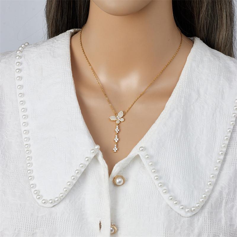 High Grade Butterfly Zircon Tassel Pendant Necklace Stainless Steel Fashion Geometric Choker Jewelry Party Gifts For Women Girls