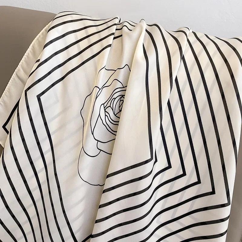 Luxury Stripe Print Silk Square Scarf Women Floral Soft Satin Hairband Kerchief Neckerchief Hijab Headband Foulard Bag Ribbons