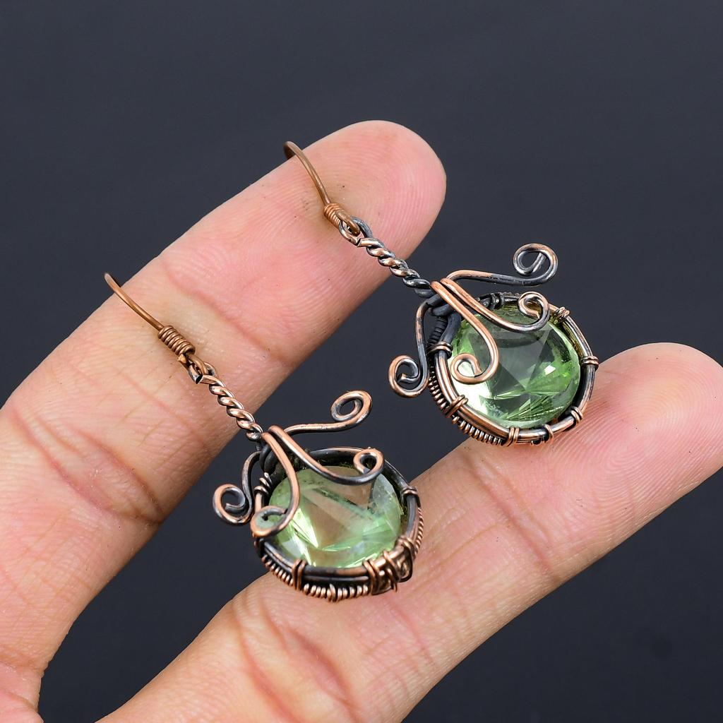 Серьги с зеленым аметистом, Серьги, обернутые медной проволокой 999 пробы, Винтажные украшения ручной работы, Подарок на День матери