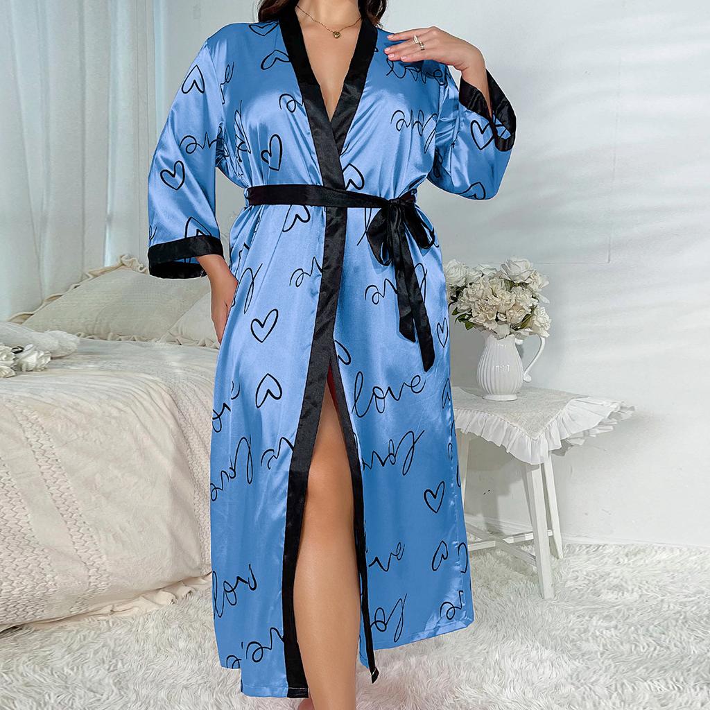 Plus Size Nightgown Fashion Casual Loose Printed Long Simulation Silk Sexy Sleeping Robe