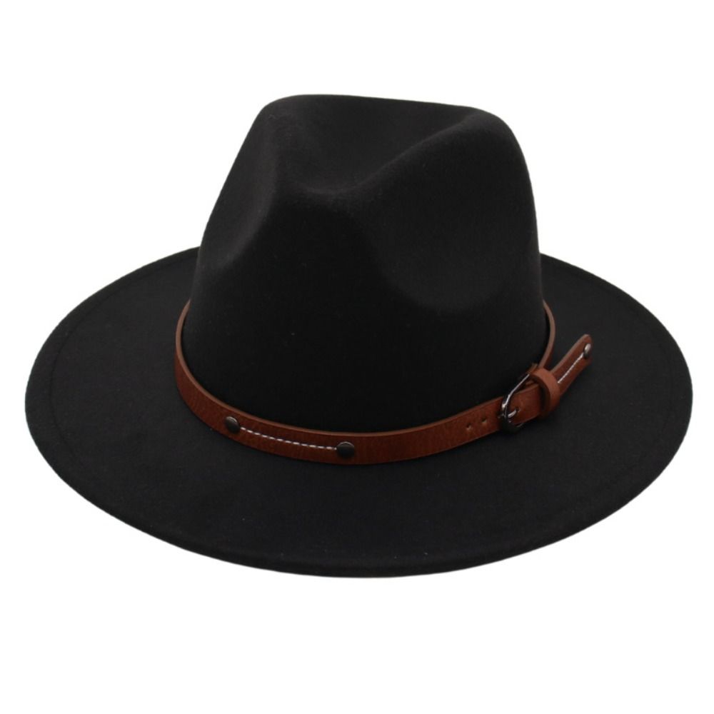 Wide Brim Felt Fedora Hats With Belt Buckle Cowboy Cap Fashion Panama Cap  Men Women