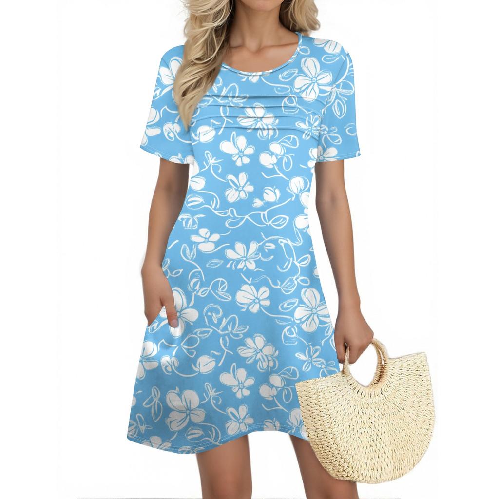Женские летние платья Женские летние платья с цветочным принтом Повседневные платья с коротким рукавом и круглыми карманами