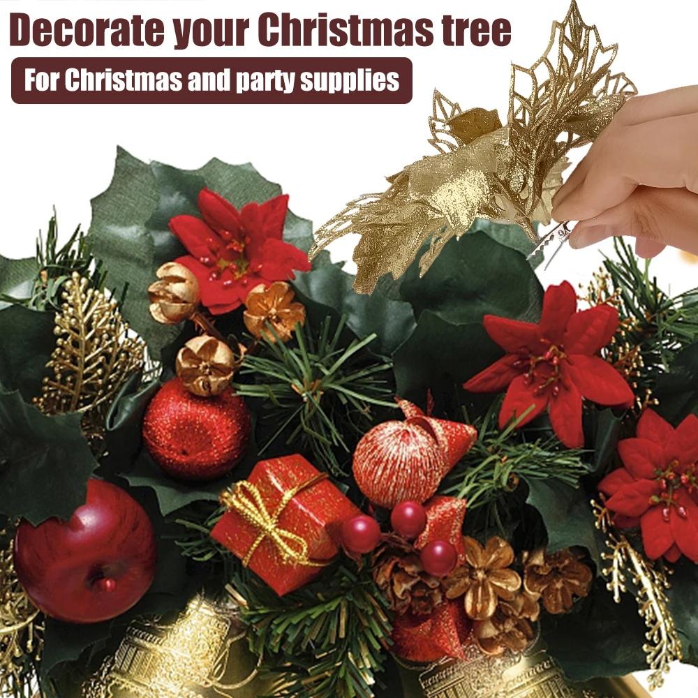 5/1Pcs Christmas Glitter Artificial Flowers DIY Christmas Tree Hanging Ornaments Fake Flower For Xmas New Year Party Decor Gifts