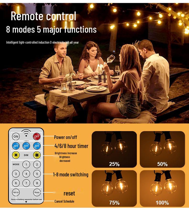 Водонепроницаемые солнечные светодиодные гирлянды G40 - Уличные, Ударопрочные, с Пультом дистанционного управления для Кемпинга, Садов, Свадеб и Рождественского украшения.