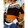 Winter Fall Women Fashion Leopard Print Patchwork Sweater Loose Knitted Top