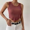 Women Summer Sleeveless O Neck Solid Color Knitted Bare Midriff Vest Irregular Crop Top