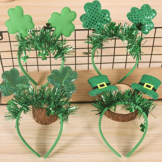 St. Patrick's Day Headband Glitter Shamrock Top Hat Hair Hoop Festive Clover Hairband for Women Girls Boys Parties Events Dress Up