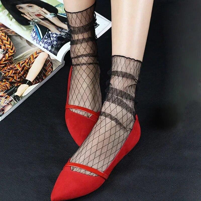 1pair Sexy Star Dot Lace Socks Women Transparent Mesh Ankle Socks Ladies Ultra-Thin Princess Tulle Socks Female Streetwear Socks