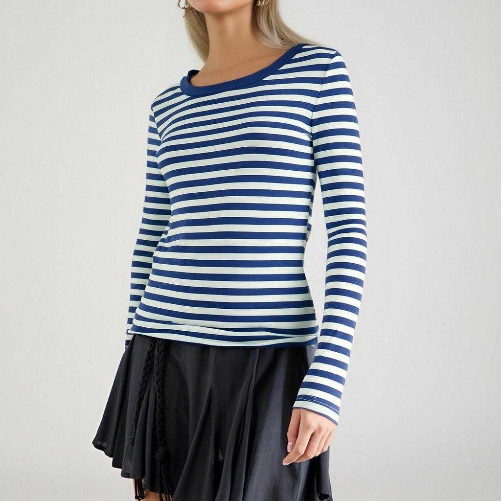 Women's Casual Long Sleeve Round Neck Striped Loose Fit T-Shirt