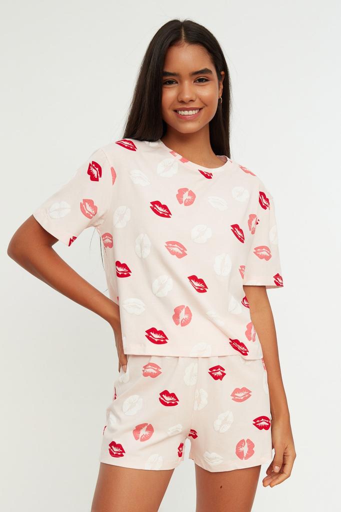 Women's Style Homewear Sleepwear White Multicolored 100% Cotton Fun Patterned Knitted Pajama Set