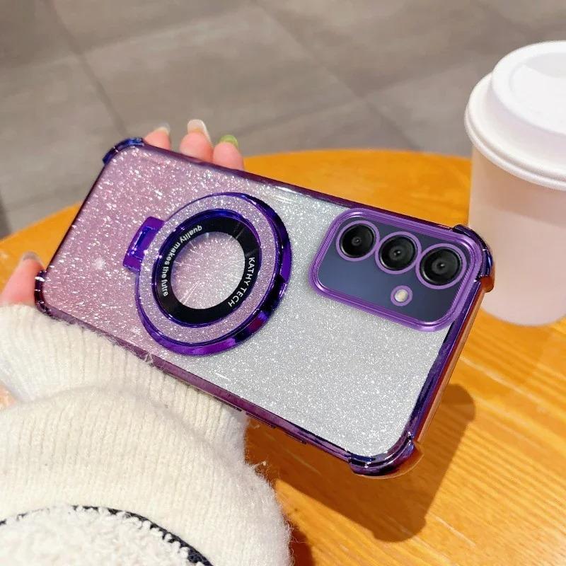 Suitable for Samsung S25Edge Mobile Phone Case Electroplated Magnetic Bracket S24Ultra Anti Fall Cover A55 Gradient Powder Soft