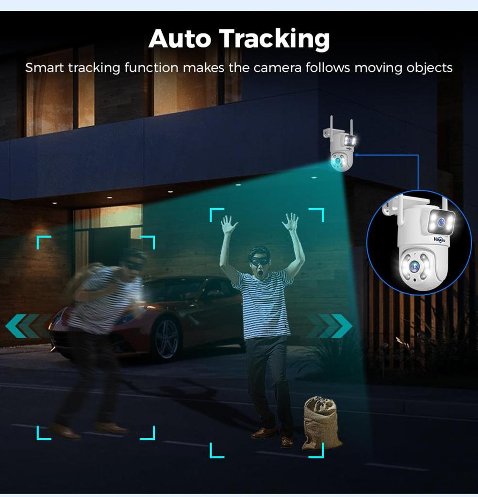 Уличная WiFi-камера Hiseeu 4K 6MP, двойной объектив, двойной экран, двусторонняя аудиосвязь, цветное ночное видение, автоматическое слежение, обнаружение человека ИИ