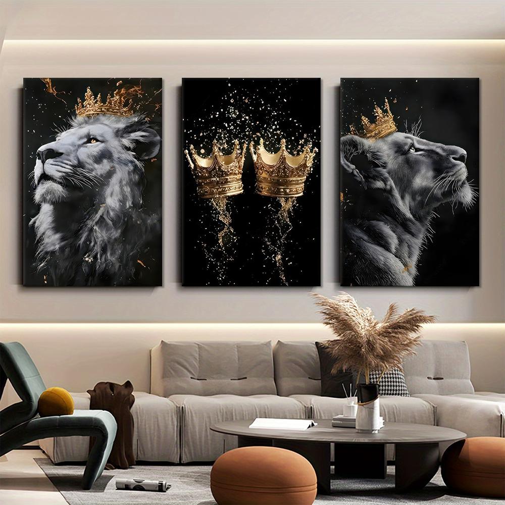 3PC 2D Flat, Noble Lion King Crown Decorative Painting, Modern Minimalist Animal Art Canvas Painting, Suitable for Living Room,