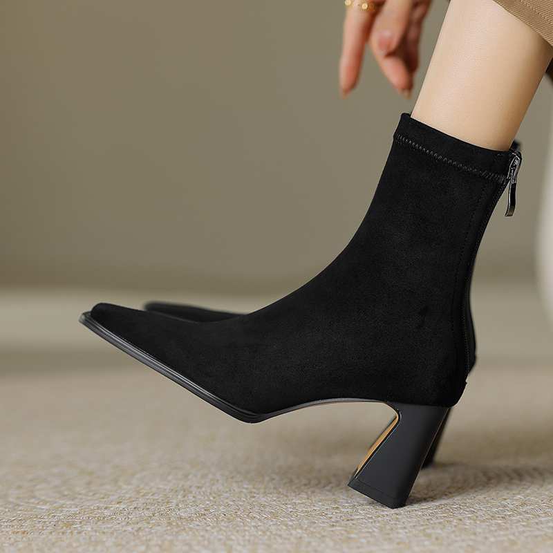 Krazing Pot Зимние ботинки из флока из микрофибры с квадратным носком, эластичные ботинки без шнуровки на высоком толстом каблуке, женские ботильоны