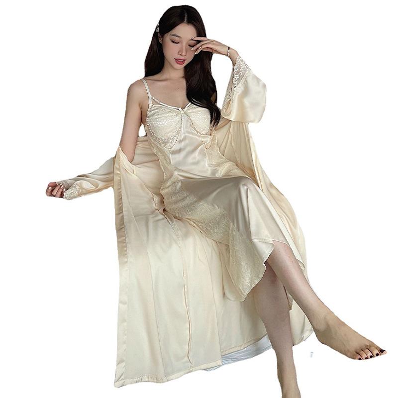 Pure personality pajamas lace solid color suspender skirt thin belt morning robe robe with chest pad chain long loungewear