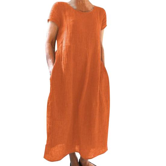 Летнее платье макси с боковыми карманами, круглым вырезом, короткими рукавами, свободное однотонное платье длиной до щиколотки в стиле ретро для повседневной носки, свиданий, путешествий