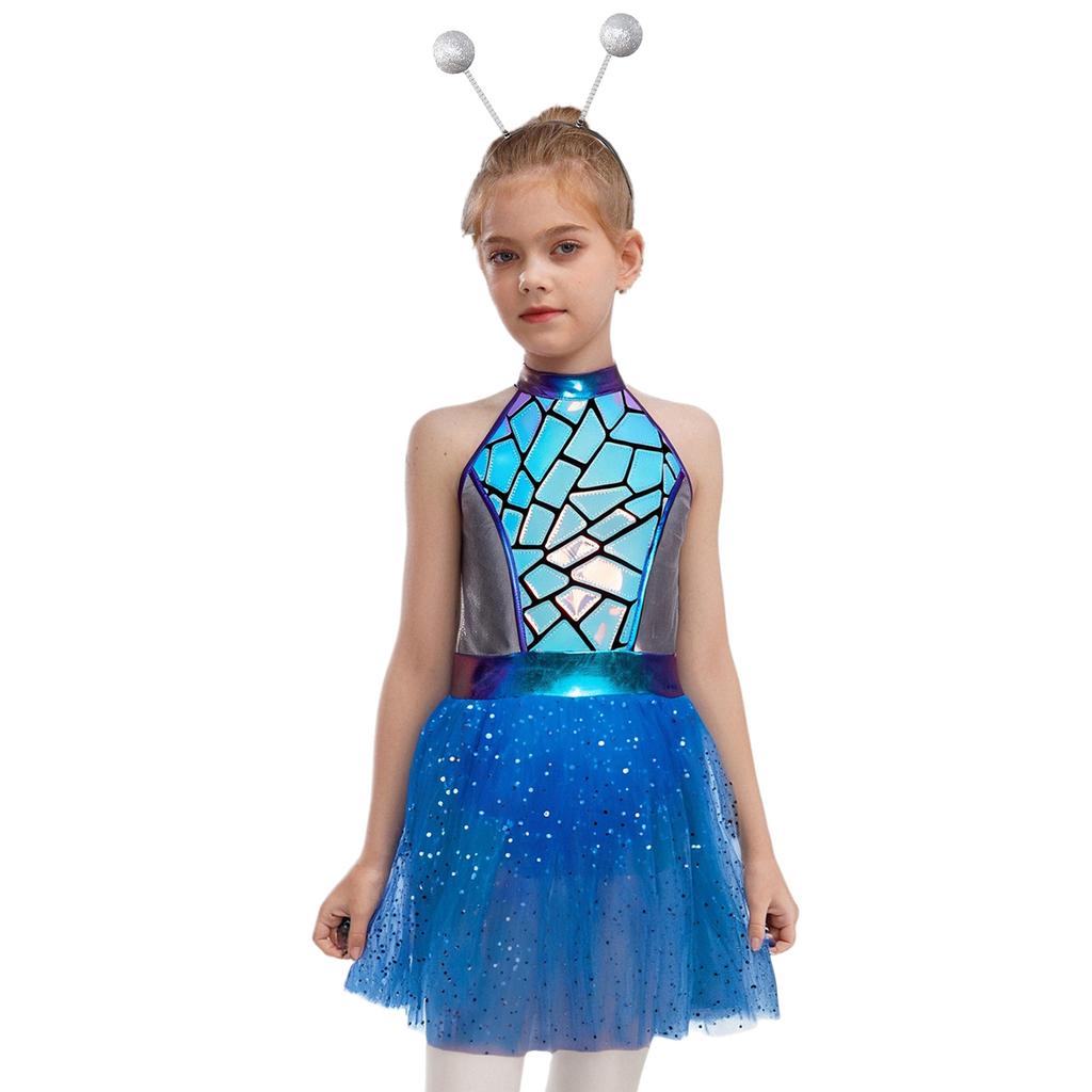 Girls Shiny Metallic Alien Costume Halter Sleeveless Built In Briefs Press Buttons Mesh Tutu Dress Hair Hoop Set