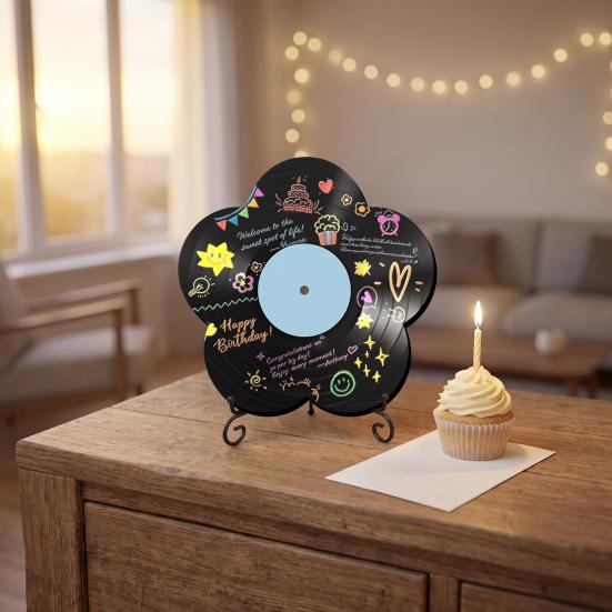 Customizable Record Art Flower Vinyl Ornament, DIY Custom Board, with Retro Display Stand Design, Personalized Birthday Anniversary Message Board Hand