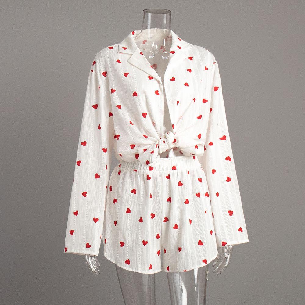 Женский пижамный костюм повседневный модный комплект с принтом «любовь» с длинным рукавом и короткими брюками домашняя одежда