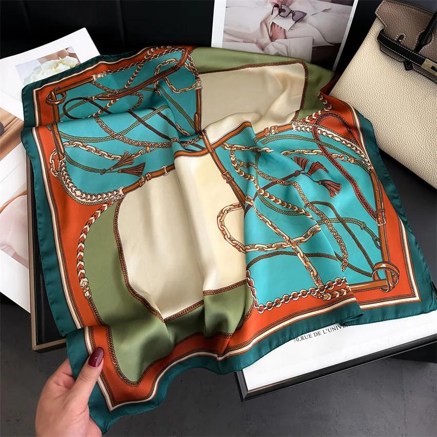 Imitation Silk Square Scarf Women Luxury Print Soft Satin Kerchief Hairband Neckerchief Foulard Bag Ribbon