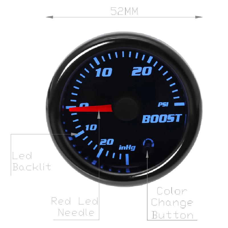 Car Accessories Auto Gauge Universal 52mm 7 Colors Turbo Boost Auto Meter 12V -30-33 PSI -1-2 BAR Turbo Pressure Manometer