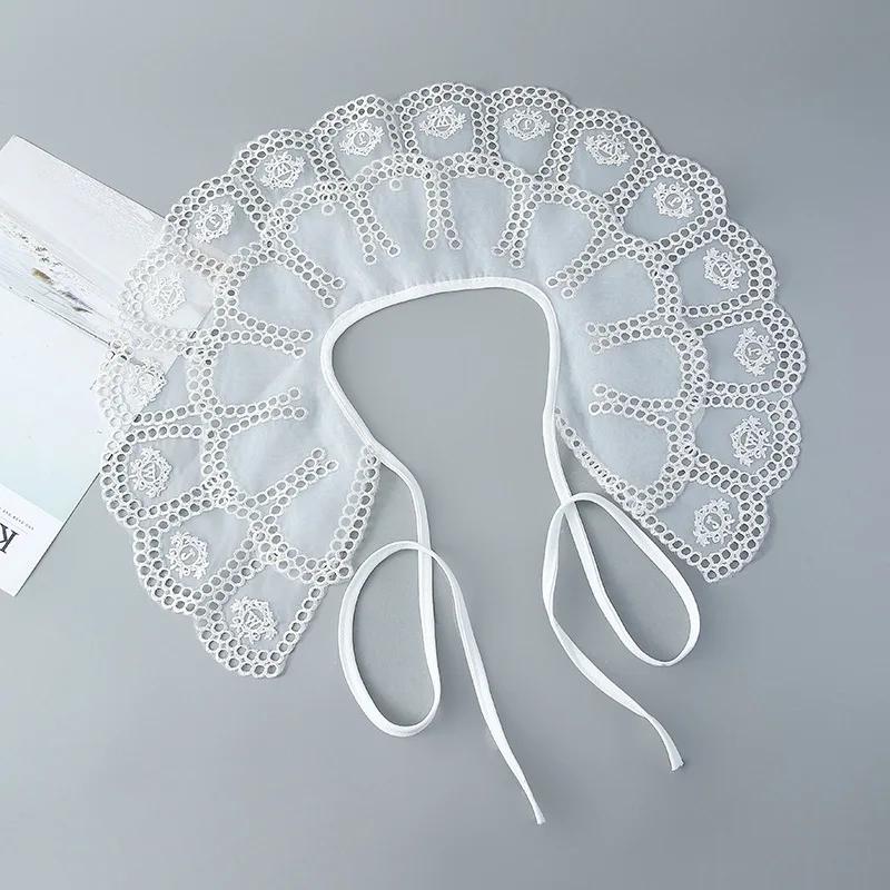 Linbaiway Double Layers Fake Collars Shawl Girls Hollow Out Removable Shirt Detachable Collar Women Lapel Blouse Lace-Up Scarf