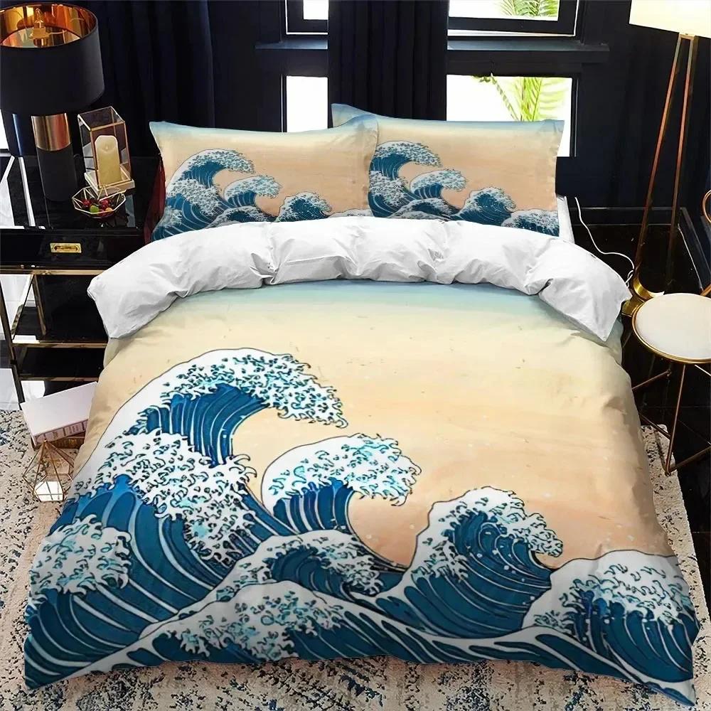 Japanese-Style Duvet Cover Set King Queen Full Size Ukiyo-e Theme Wave Pattern Polyester Bedding Set Fuji Mountain Exotic Style