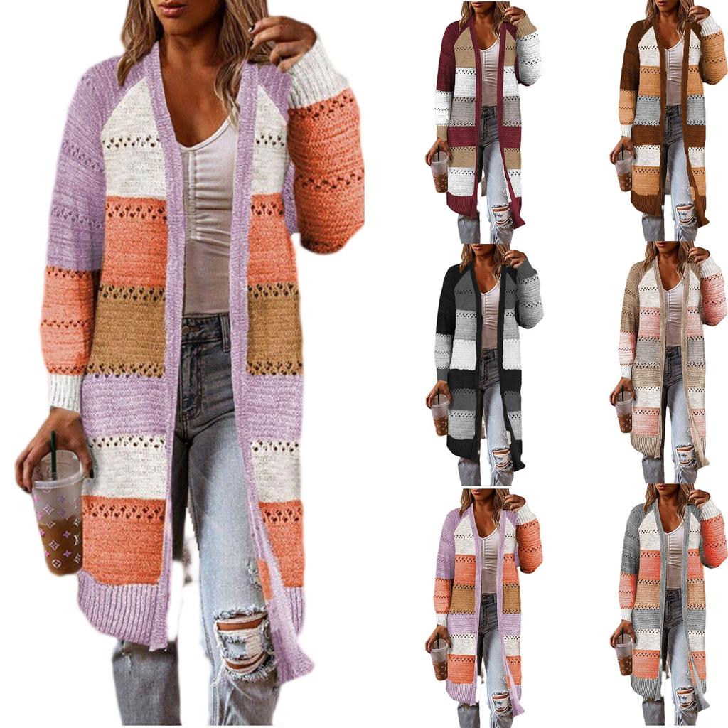 Women's Open Front Block Color Knitted Cardigan Crochet Sweaters Long Sleeve Casual Trendy Outwear