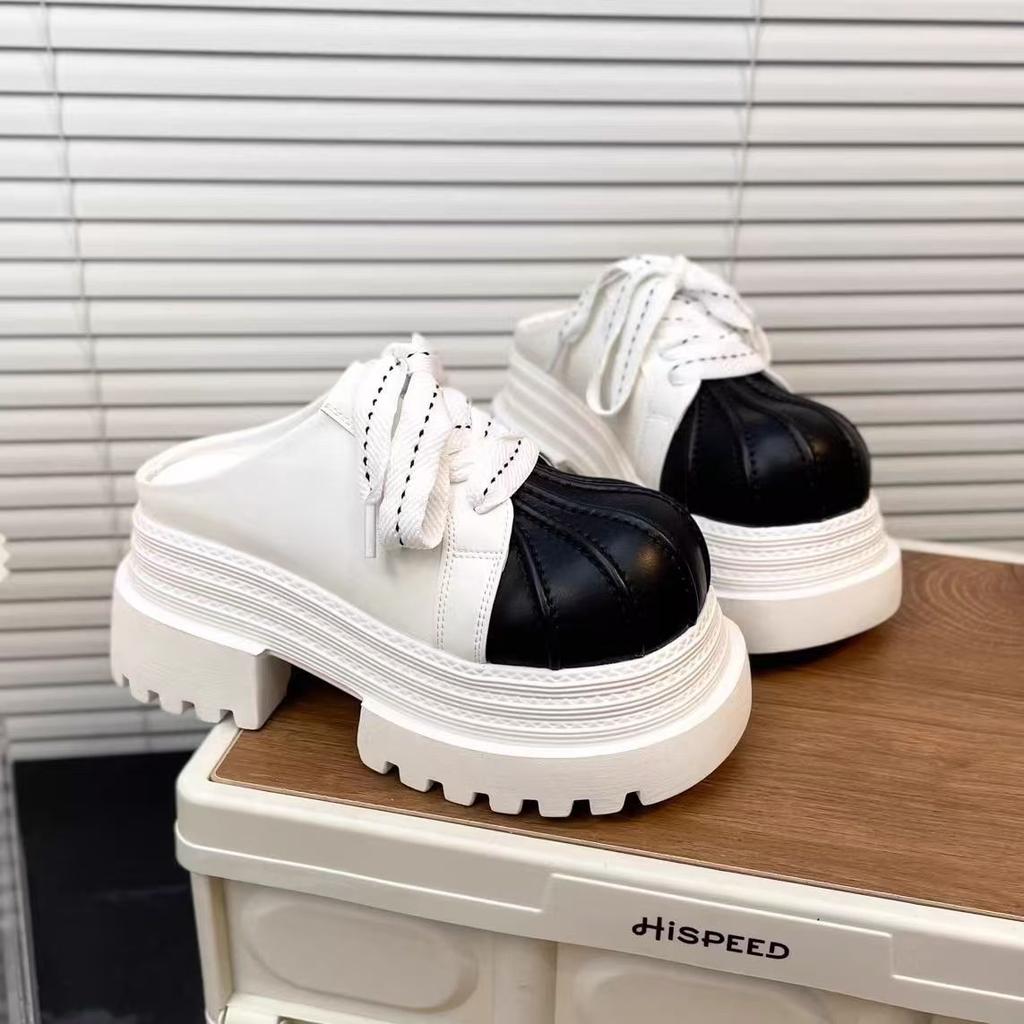 2025 весна новая сумка голова ракушка голова толстая подошва кекс большой голова шнуровка JK мокасины полутапочки верхняя женская обувь