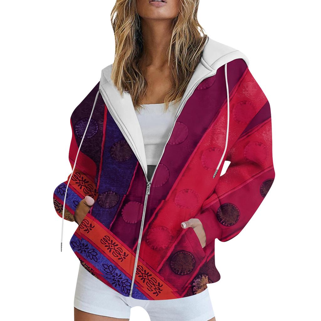 Women's Long Sleeve Print Sweatshirt Long Sleeve Pocket Jacket Zipper Hoodie Coat