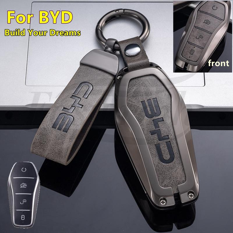 Auto Zinc Alloy Genuine Leather Key Fob Cover Mount Case Chain Fit For Byd Song Plus Atto 3 Han Ev Tang Dm Qin Seal Dolphin Yuan Auto Accessories