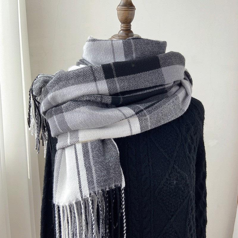 Checkered Scarf Women's Autumn and Winter Retro Imitation Cashmere Warm Tassel Scarf Shawl