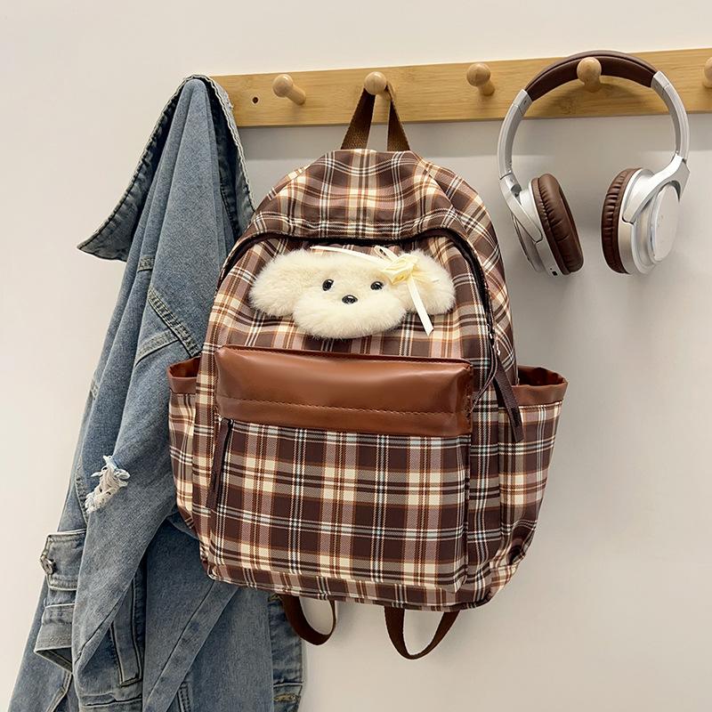 Vintage College Style Plaid Puppy Schoolbag 2025 Versatile Girls High-value College Students Class Backpack Backpack