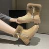 Fashion Ladies Shoes On Sale 2024 Zipper Women's Boots Winter Round Toe Solid Flock Plush Warm Comfortable Mid Heeled Fashion Boots