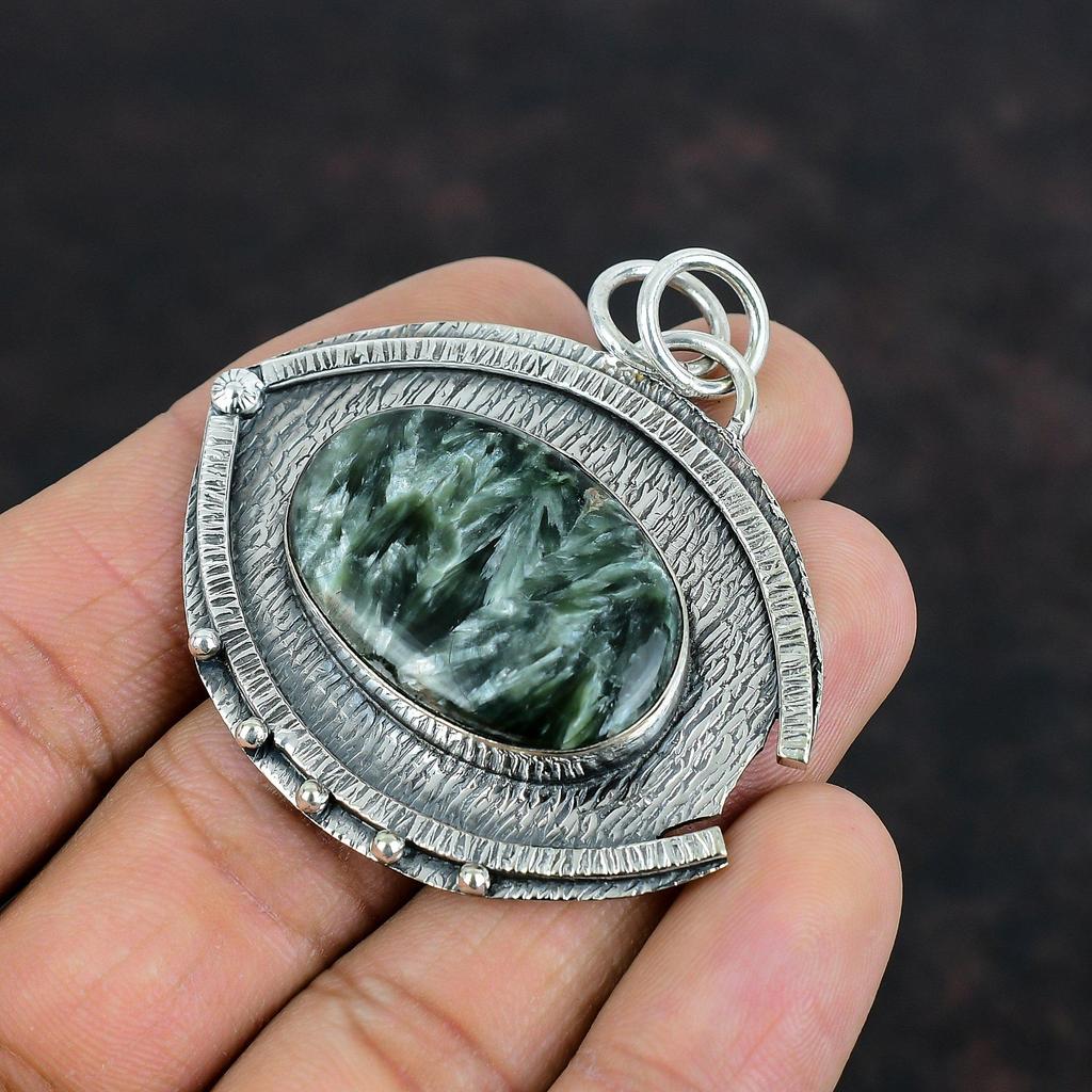 Подвеска серафинит, оригинальный драгоценный камень, кулон из стерлингового серебра 925 пробы, подвеска ручной работы, потрясающий кулон, подарки для жены, ювелирные изделия
