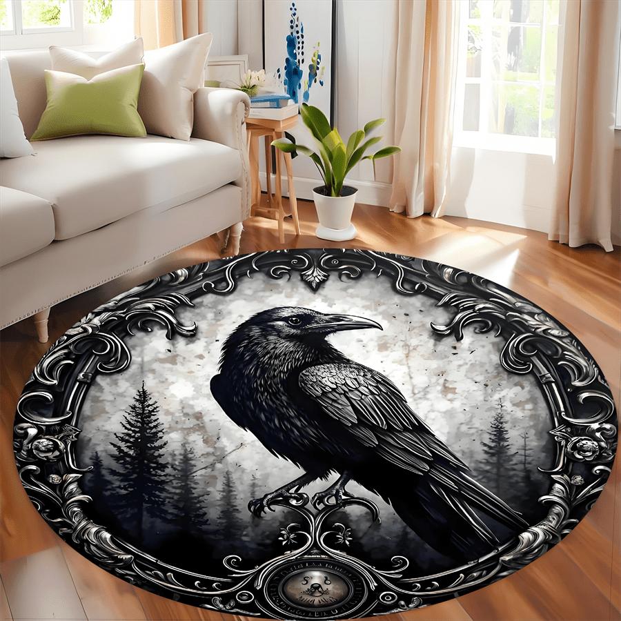 Circular Raven Mystical ForestPattern Round Shape Floor Mats Kitchen Hallway Runner Rug Bedroom Living Room Soft Carpet Non-slip Area Rug