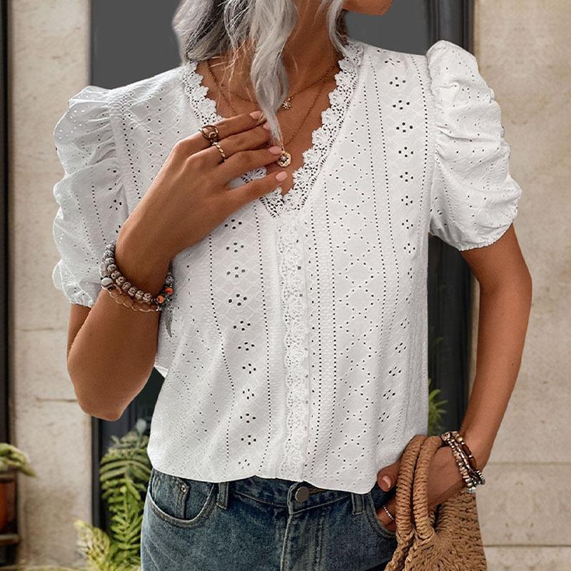 Летняя женская футболка с кружевным вырезом и v-образным вырезом, рубашка с подковообразными рукавами, топ с короткими рукавами