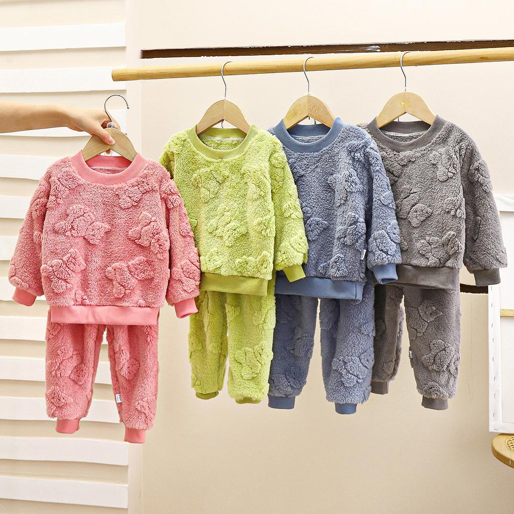 Autumn Winter Kids Thicken Warm Flannel Pajamas Baby Solid Long Sleeve Sleepwear Boys Girls Casual Clothing Sets Pyjamas