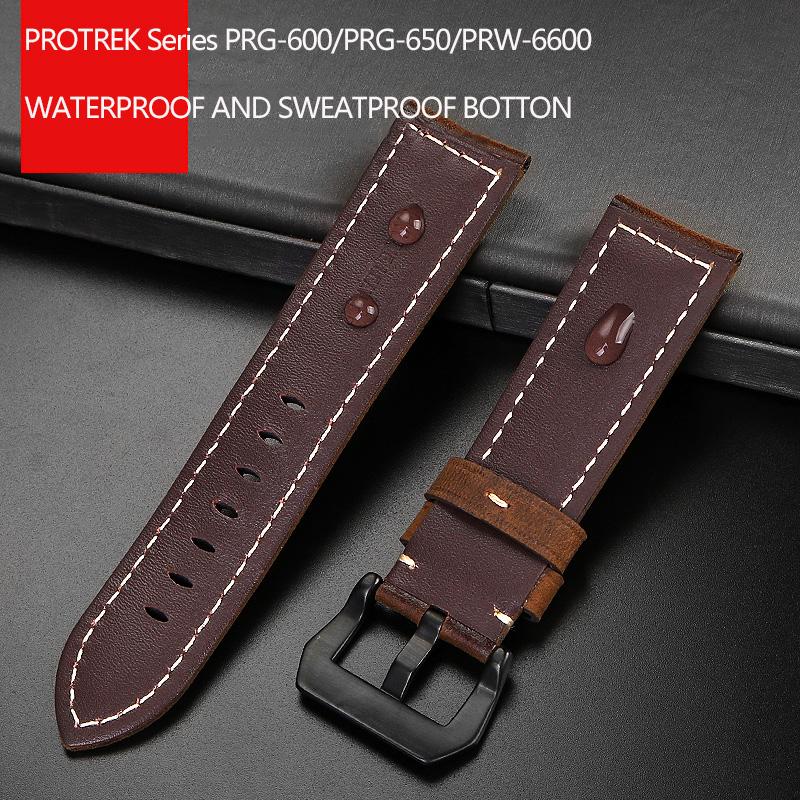 24mm Cowhide Frosted Italian Leather Watchband for Casio PROTREK Series PRG-600/PRG-650/PRW-6600 Outdoor Sports Bracelet Strap