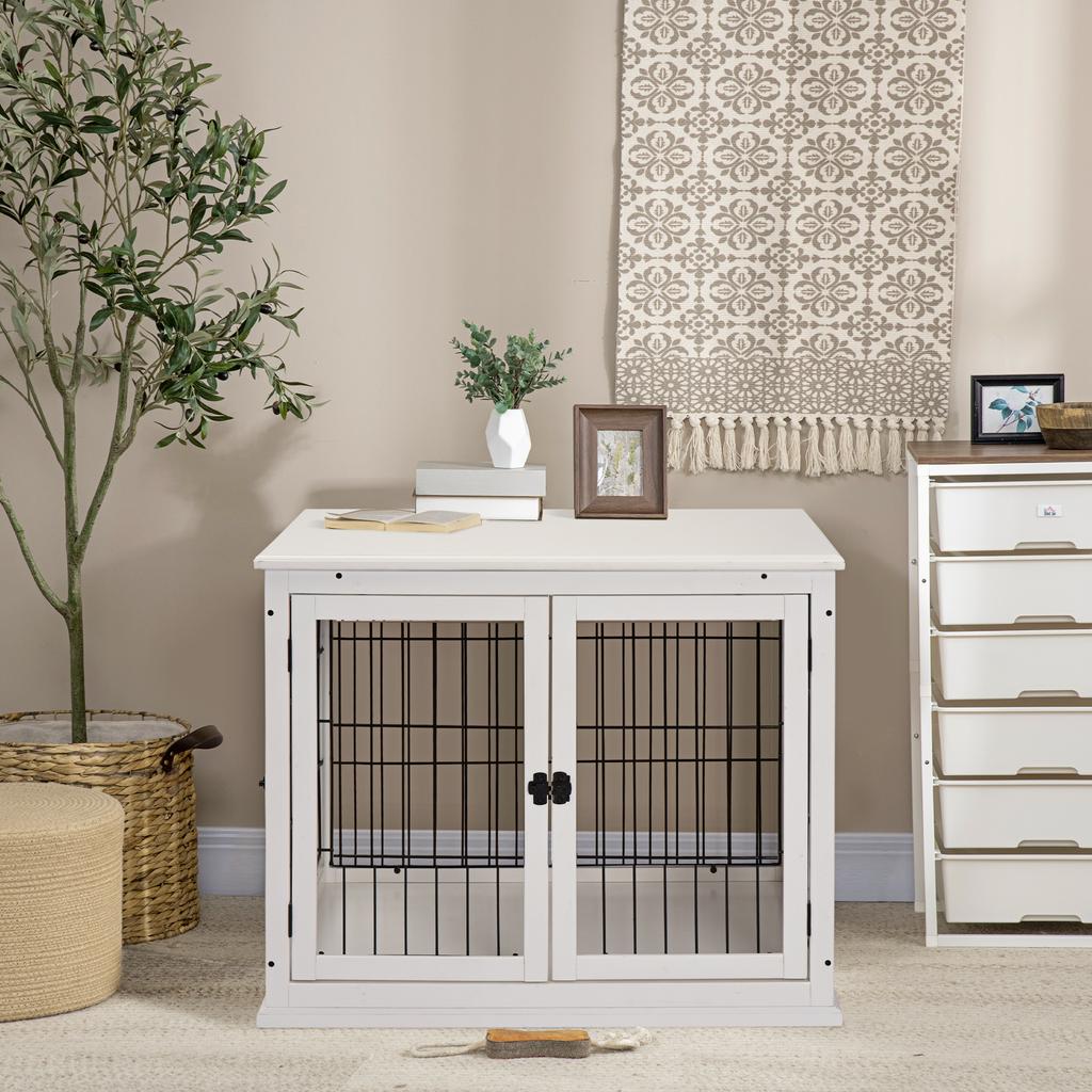 Dog Crate Furniture, Puppy Crate End Table, Pet Kennel House with 2 Doors for Medium and Small Dogs, 81 x 58.5 x 66 cm, White